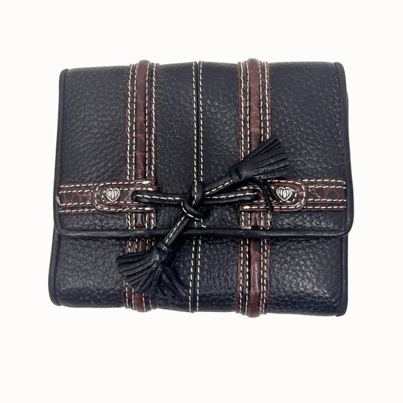 BRIGHTON BLACK & BROWN PEBBLED & CROC LEATHER TASSEL FOLDING WALLET - Picture 1 of 4